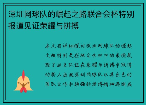 深圳网球队的崛起之路联合会杯特别报道见证荣耀与拼搏