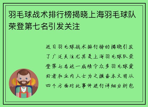 羽毛球战术排行榜揭晓上海羽毛球队荣登第七名引发关注